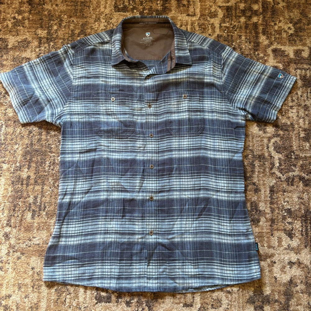 Kuhl Men’s Large Button Up Linen Cotton Blend Shirt Blue Plaid Short Sleeve